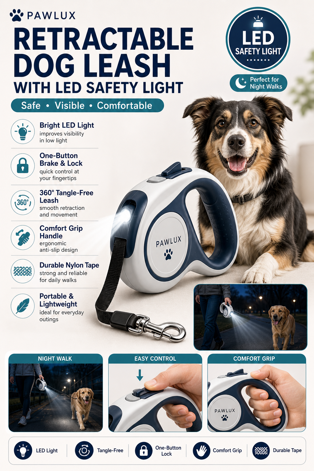 Retractable Dog Leash with LED Safety Light