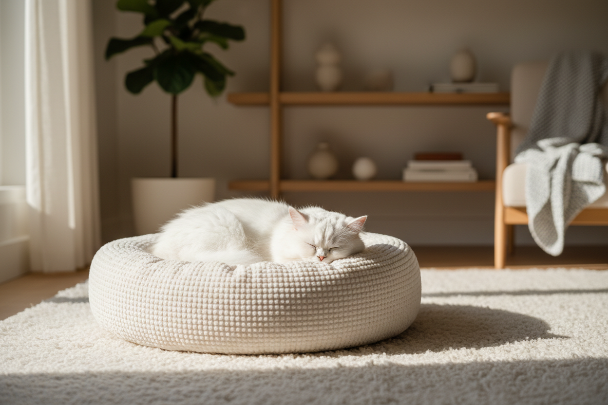 Lifestyle — White Cat Sleeping in Bed